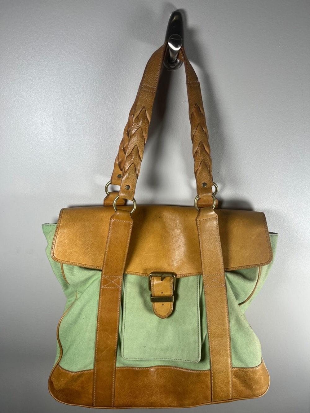 Eddie Bauer Green Canvas and Tan Leather Tote